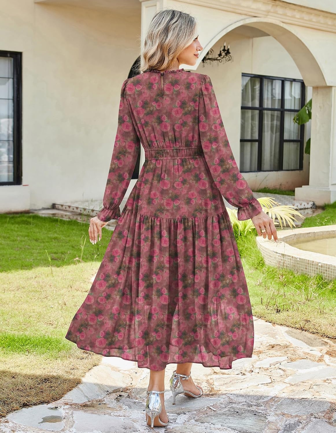 image:imageGRACE KARIN Womens Floral Long Sleeve Fall Wedding Guest Maxi Dress 2026 ChiffonSide PocketsMock NeckSmocked TiededA Line Flowy Outfits Outfits Suitable for Semi FormalPartyCocktailBohoVintage Rose Pink Floral