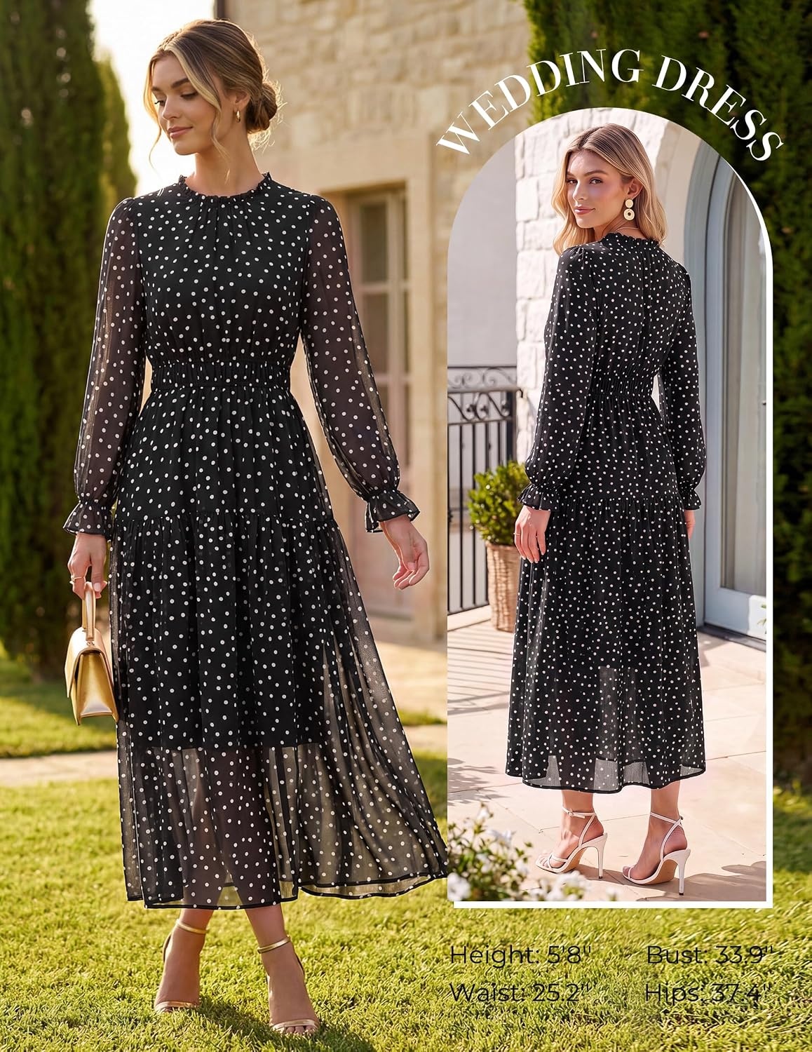 image:imageGRACE KARIN Womens Floral Long Sleeve Fall Wedding Guest Maxi Dress 2026 ChiffonSide PocketsMock NeckSmocked TiededA Line Flowy Outfits Outfits Suitable for Semi FormalPartyCocktailBohoBlack and White Polka Dots