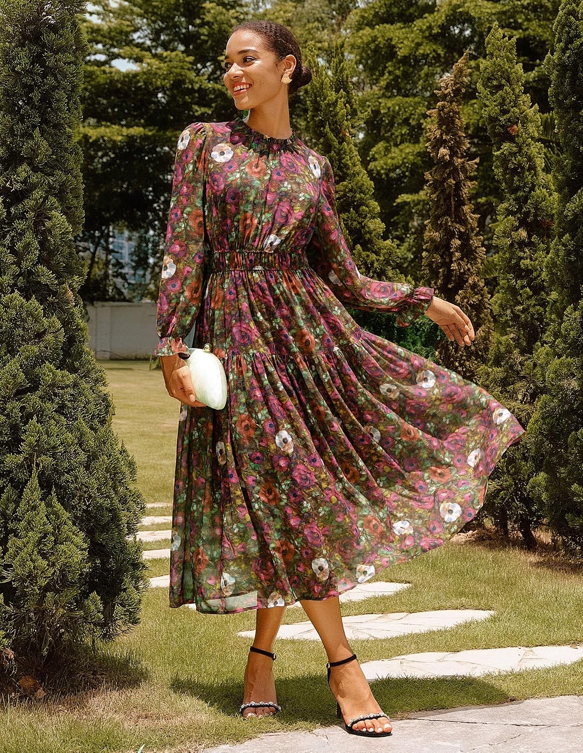 image:imageGRACE KARIN Womens Floral Long Sleeve Fall Wedding Guest Maxi Dress 2026 ChiffonSide PocketsMock NeckSmocked TiededA Line Flowy Outfits Outfits Suitable for Semi FormalPartyCocktailBohoVintage Multicolored