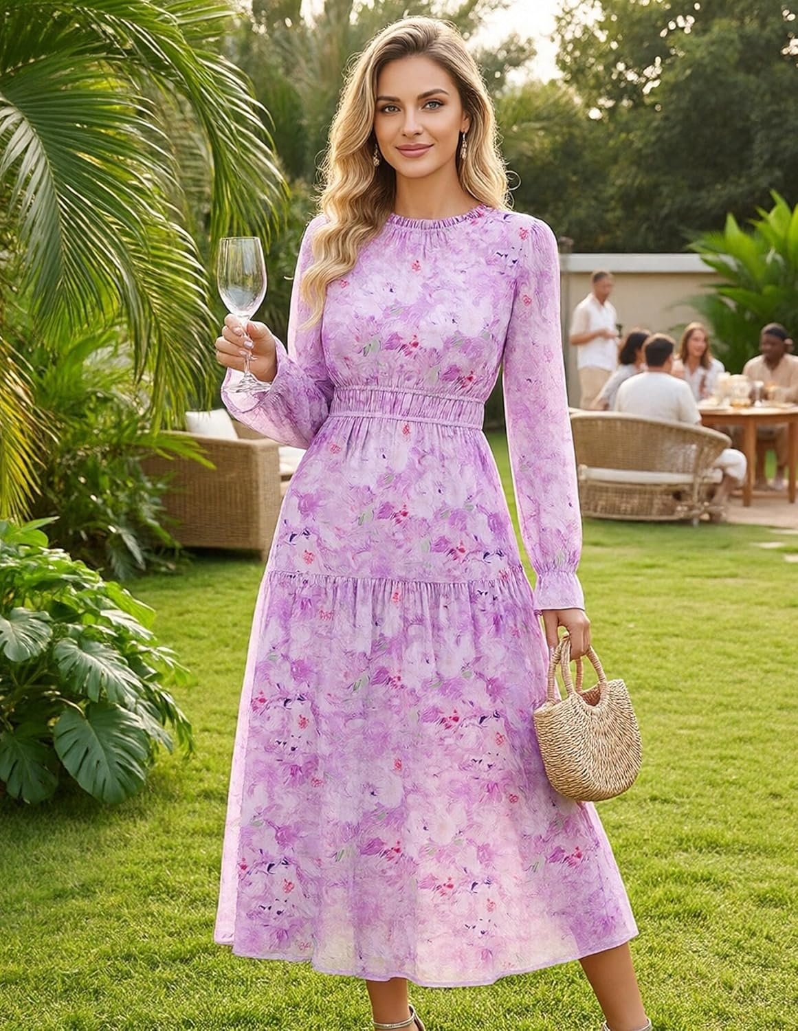 image:imageGRACE KARIN Womens Floral Long Sleeve Fall Wedding Guest Maxi Dress 2026 ChiffonSide PocketsMock NeckSmocked TiededA Line Flowy Outfits Outfits Suitable for Semi FormalPartyCocktailBohoLight Purple Floral