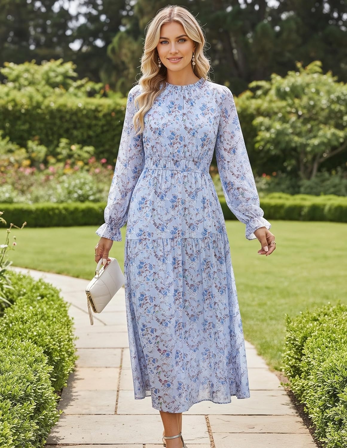 image:imageGRACE KARIN Womens Floral Long Sleeve Fall Wedding Guest Maxi Dress 2026 ChiffonSide PocketsMock NeckSmocked TiededA Line Flowy Outfits Outfits Suitable for Semi FormalPartyCocktailBohoSky Blue Floral