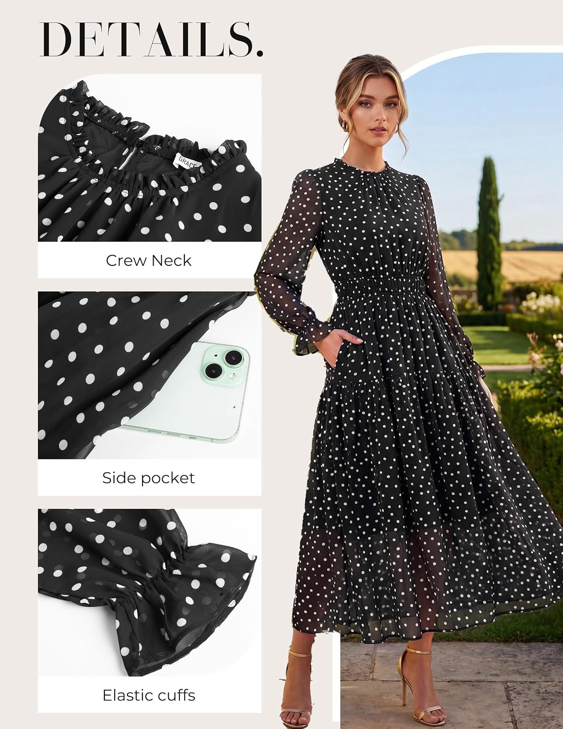image:imageGRACE KARIN Womens Floral Long Sleeve Fall Wedding Guest Maxi Dress 2026 ChiffonSide PocketsMock NeckSmocked TiededA Line Flowy Outfits Outfits Suitable for Semi FormalPartyCocktailBohoBlack and White Polka Dots