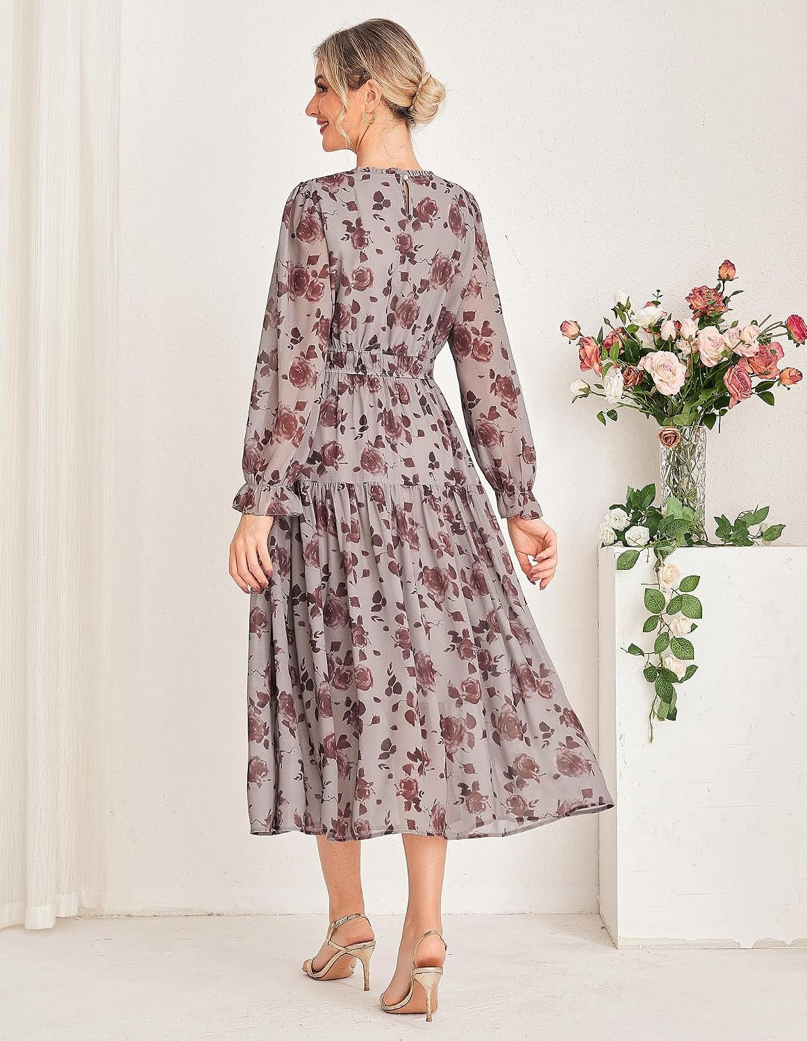 image:imageGRACE KARIN Womens Floral Long Sleeve Fall Wedding Guest Maxi Dress 2026 ChiffonSide PocketsMock NeckSmocked TiededA Line Flowy Outfits Outfits Suitable for Semi FormalPartyCocktailBohoDark Khaki and Flower