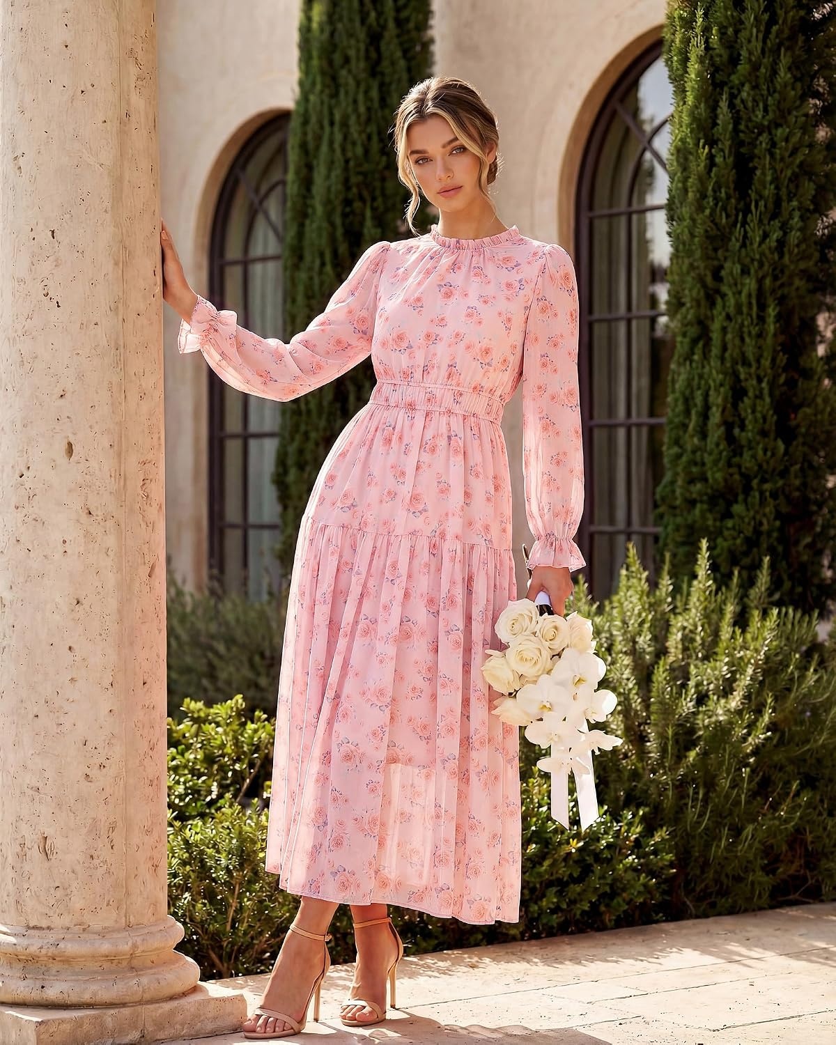 image:imageGRACE KARIN Womens Floral Long Sleeve Fall Wedding Guest Maxi Dress 2026 ChiffonSide PocketsMock NeckSmocked TiededA Line Flowy Outfits Outfits Suitable for Semi FormalPartyCocktailBohoPink Floral