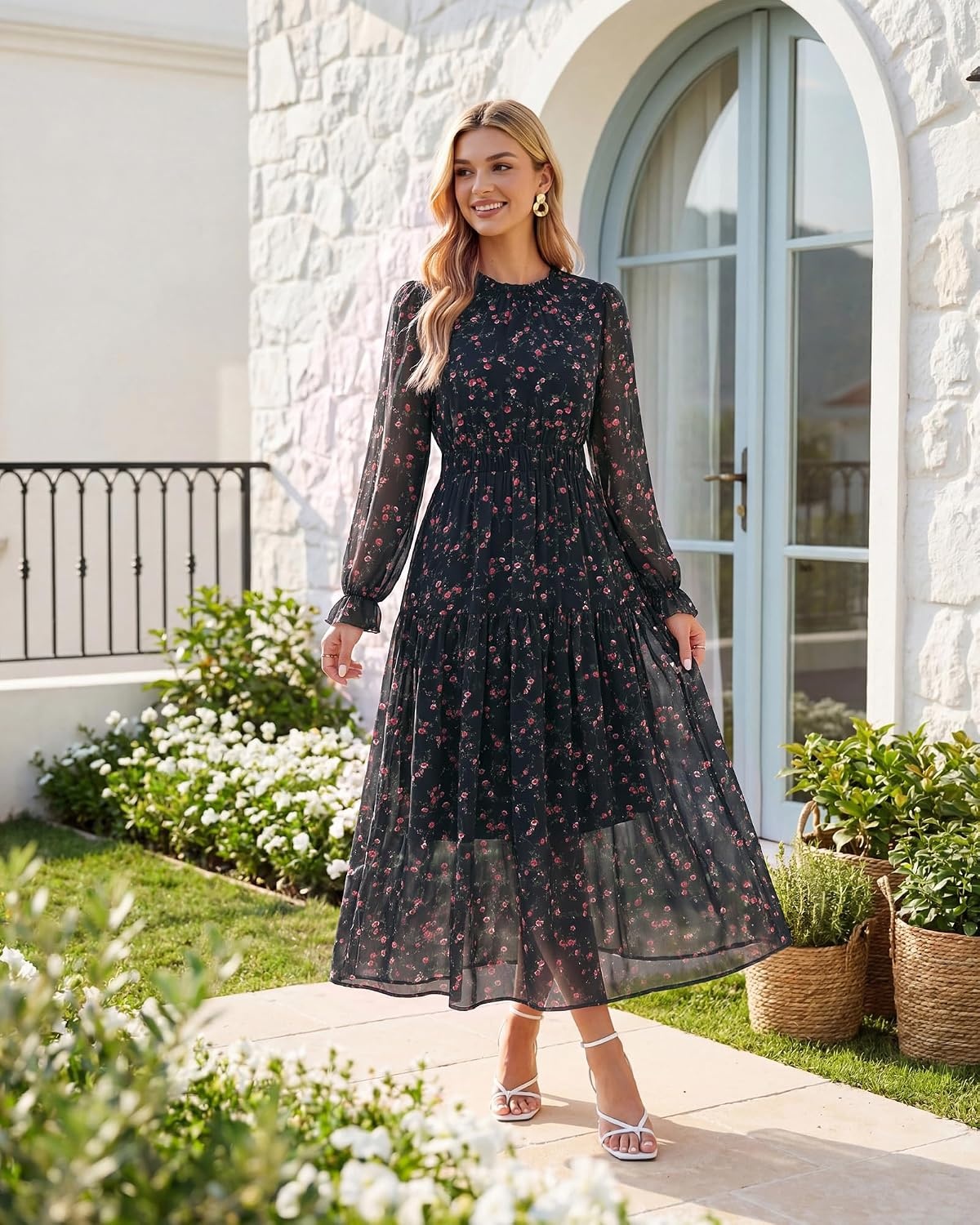 image:imageGRACE KARIN Womens Floral Long Sleeve Fall Wedding Guest Maxi Dress 2026 ChiffonSide PocketsMock NeckSmocked TiededA Line Flowy Outfits Outfits Suitable for Semi FormalPartyCocktailBohoNavy Blue Rose Floral