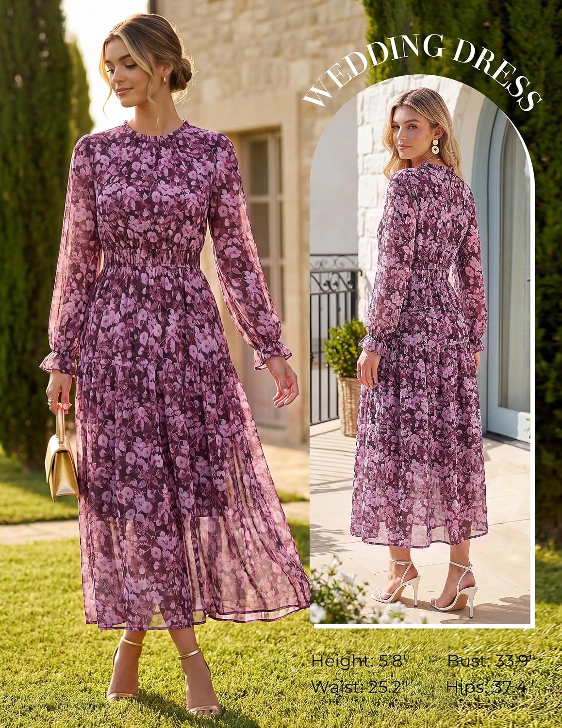 image:imageGRACE KARIN Womens Floral Long Sleeve Fall Wedding Guest Maxi Dress 2026 ChiffonSide PocketsMock NeckSmocked TiededA Line Flowy Outfits Outfits Suitable for Semi FormalPartyCocktailBohoPurple Floral