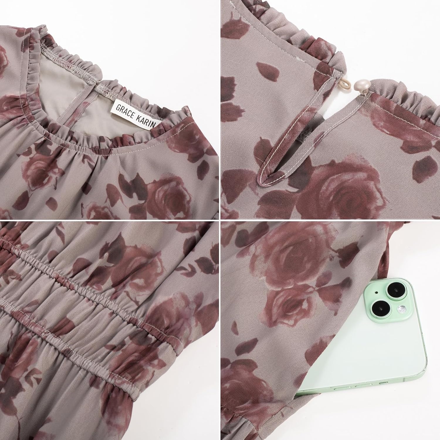 image:imageGRACE KARIN Womens Floral Long Sleeve Fall Wedding Guest Maxi Dress 2026 ChiffonSide PocketsMock NeckSmocked TiededA Line Flowy Outfits Outfits Suitable for Semi FormalPartyCocktailBohoDark Khaki and Flower