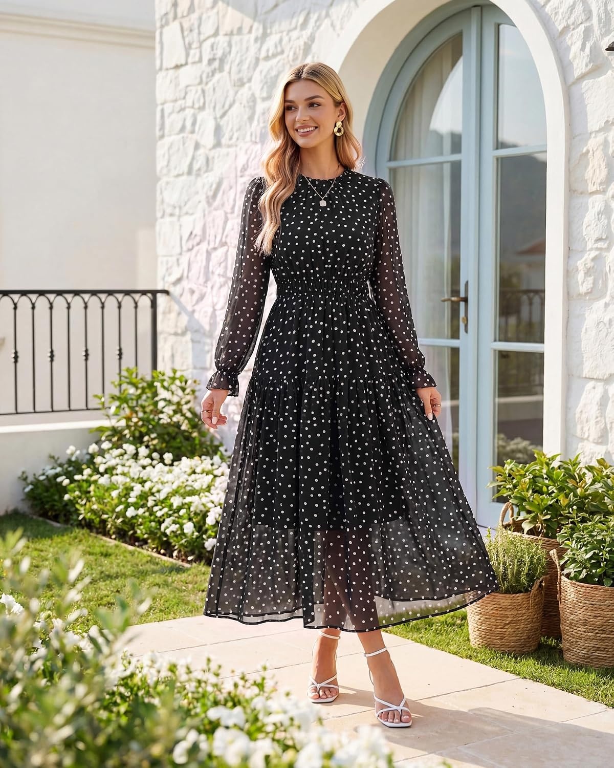 image:imageGRACE KARIN Womens Floral Long Sleeve Fall Wedding Guest Maxi Dress 2026 ChiffonSide PocketsMock NeckSmocked TiededA Line Flowy Outfits Outfits Suitable for Semi FormalPartyCocktailBohoBlack and White Polka Dots