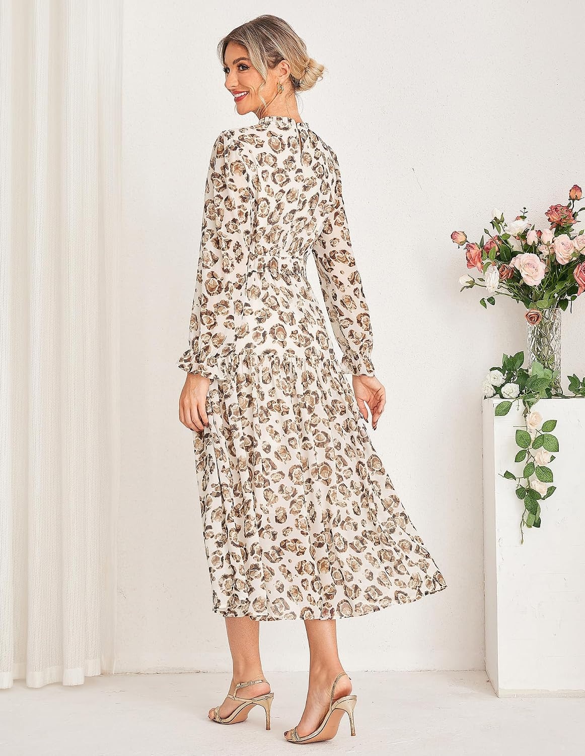 image:imageGRACE KARIN Womens Floral Long Sleeve Fall Wedding Guest Maxi Dress 2026 ChiffonSide PocketsMock NeckSmocked TiededA Line Flowy Outfits Outfits Suitable for Semi FormalPartyCocktailBohoBeige and Leopard