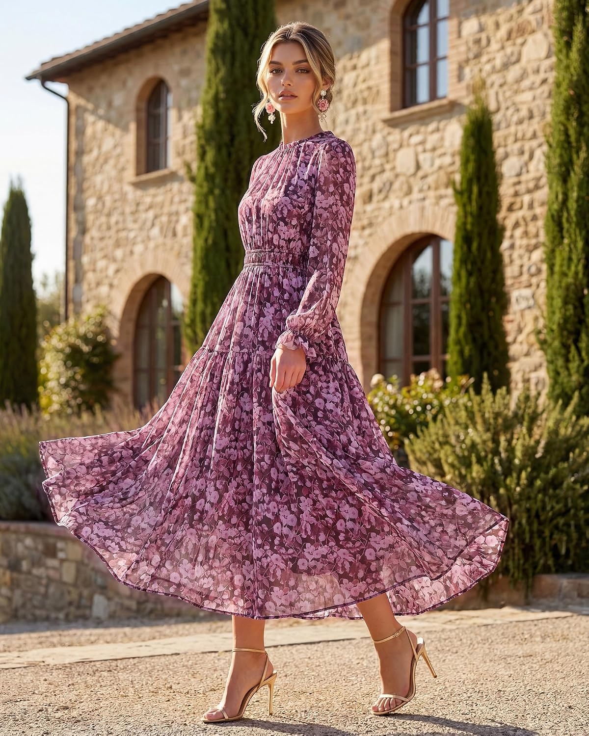 image:imageGRACE KARIN Womens Floral Long Sleeve Fall Wedding Guest Maxi Dress 2026 ChiffonSide PocketsMock NeckSmocked TiededA Line Flowy Outfits Outfits Suitable for Semi FormalPartyCocktailBohoPurple Floral