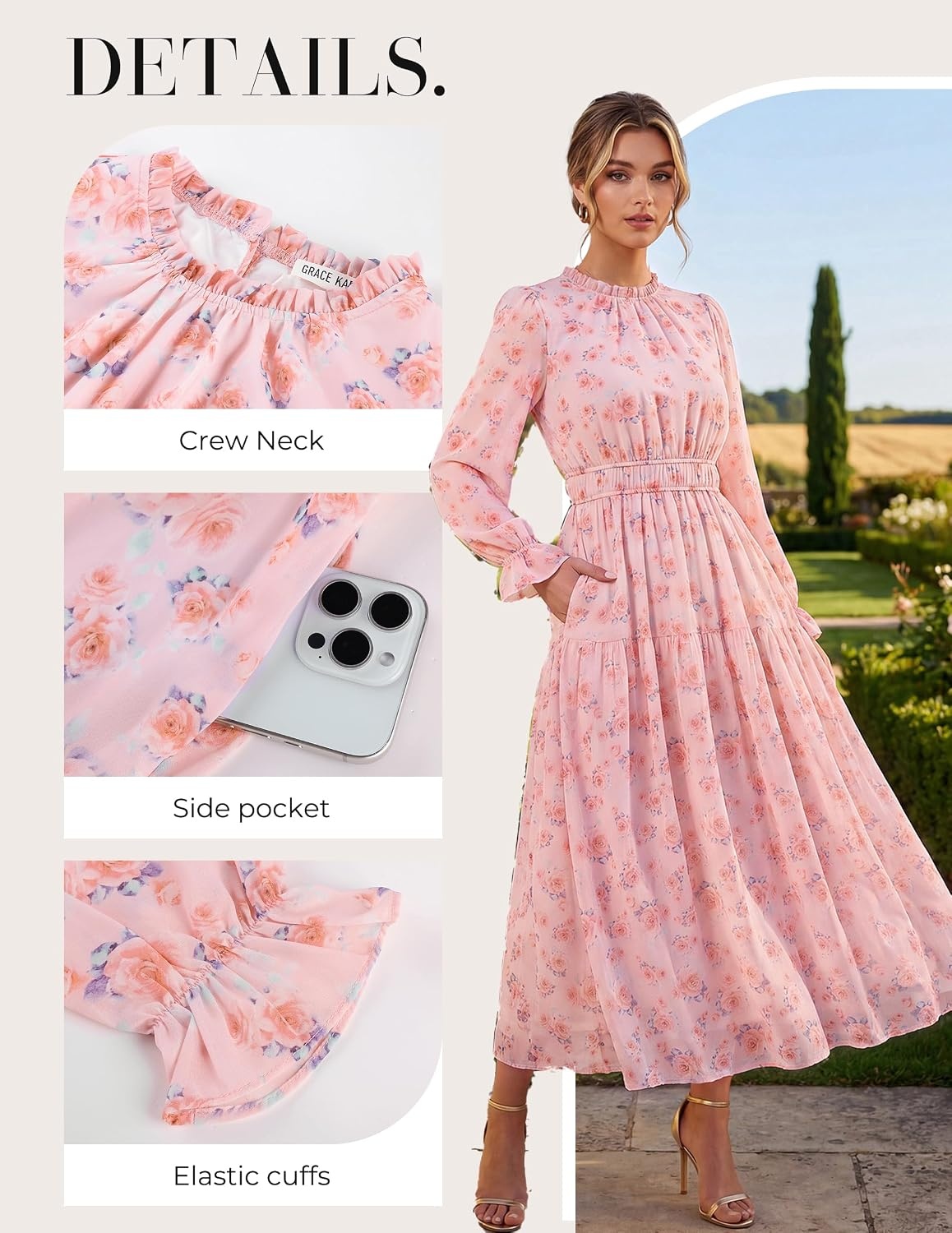 image:imageGRACE KARIN Womens Floral Long Sleeve Fall Wedding Guest Maxi Dress 2026 ChiffonSide PocketsMock NeckSmocked TiededA Line Flowy Outfits Outfits Suitable for Semi FormalPartyCocktailBohoPink Floral