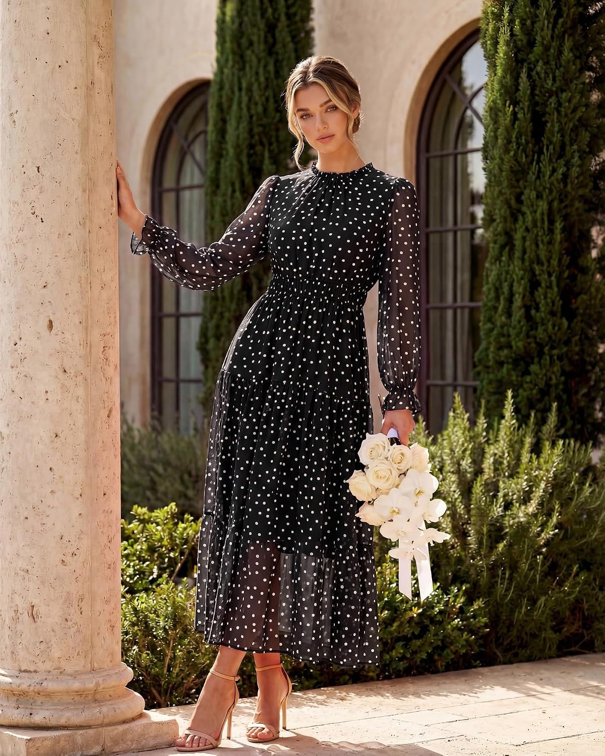 image:imageGRACE KARIN Womens Floral Long Sleeve Fall Wedding Guest Maxi Dress 2026 ChiffonSide PocketsMock NeckSmocked TiededA Line Flowy Outfits Outfits Suitable for Semi FormalPartyCocktailBohoBlack and White Polka Dots