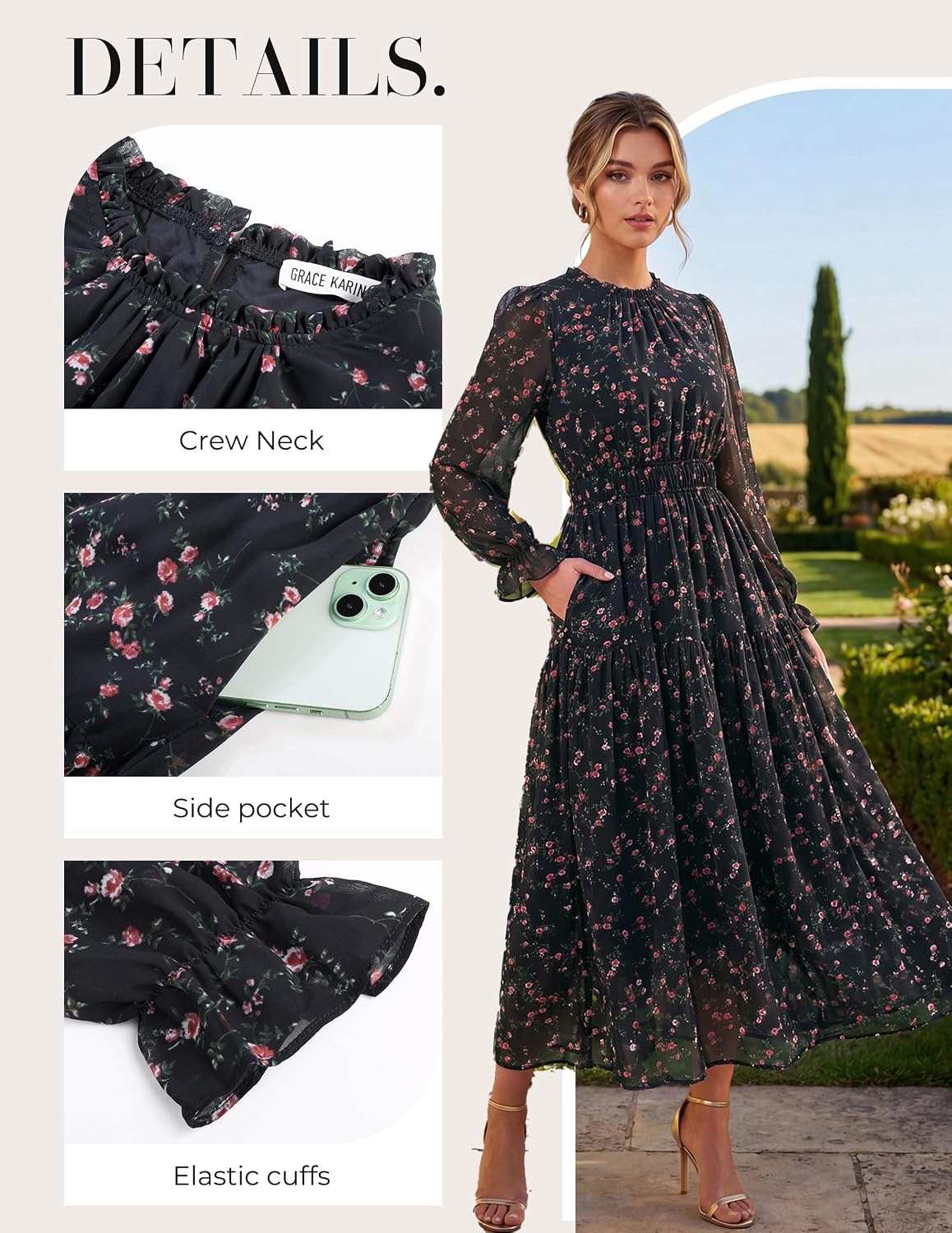 image:imageGRACE KARIN Womens Floral Long Sleeve Fall Wedding Guest Maxi Dress 2026 ChiffonSide PocketsMock NeckSmocked TiededA Line Flowy Outfits Outfits Suitable for Semi FormalPartyCocktailBohoNavy Blue Rose Floral