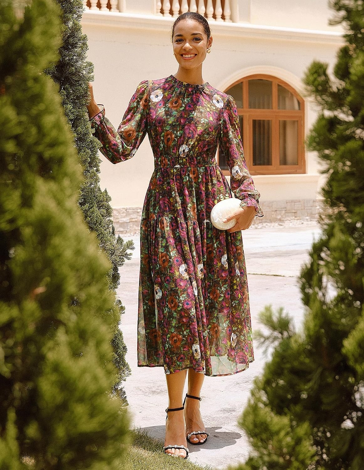image:imageGRACE KARIN Womens Floral Long Sleeve Fall Wedding Guest Maxi Dress 2026 ChiffonSide PocketsMock NeckSmocked TiededA Line Flowy Outfits Outfits Suitable for Semi FormalPartyCocktailBohoVintage Multicolored