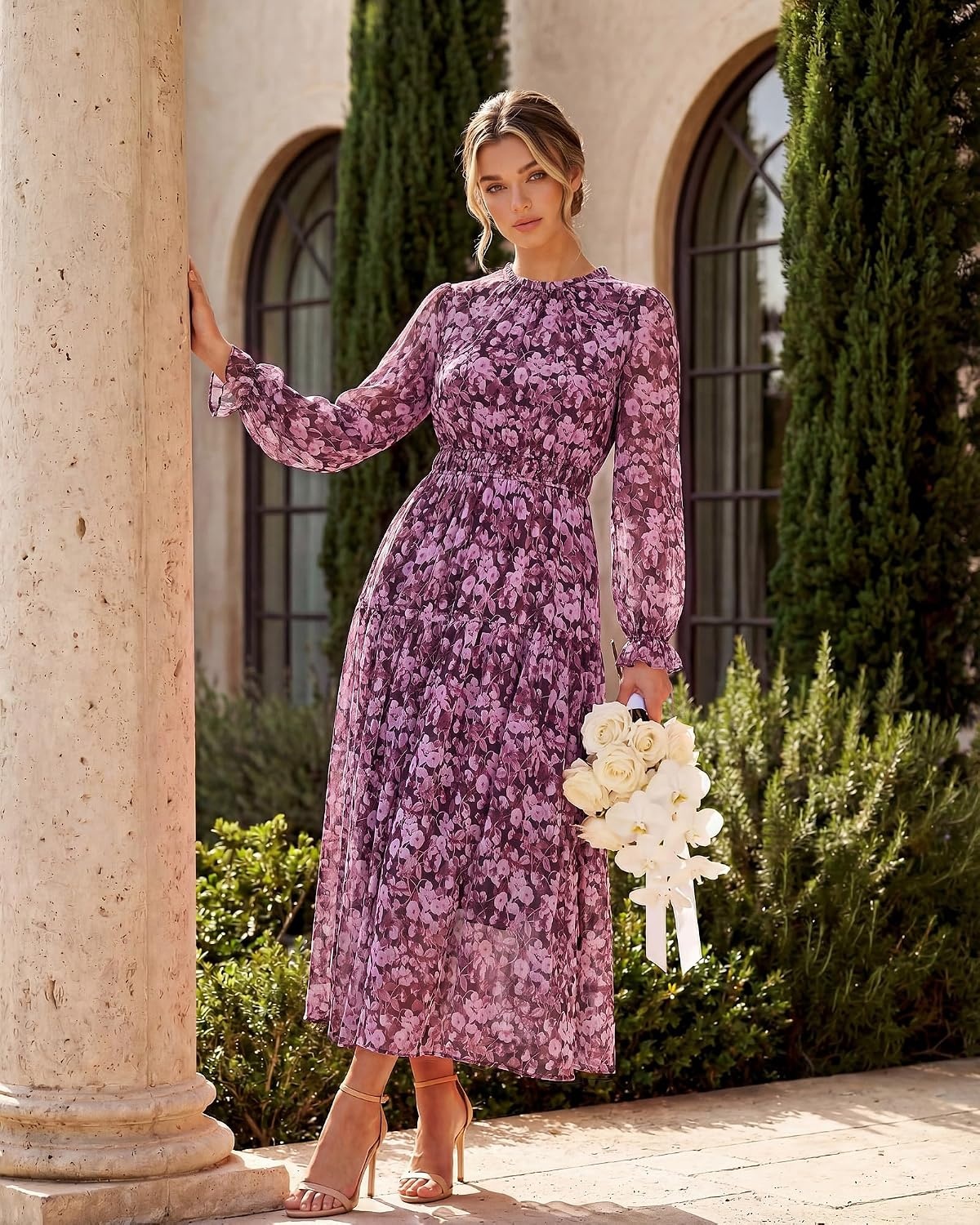 image:imageGRACE KARIN Womens Floral Long Sleeve Fall Wedding Guest Maxi Dress 2026 ChiffonSide PocketsMock NeckSmocked TiededA Line Flowy Outfits Outfits Suitable for Semi FormalPartyCocktailBohoPurple Floral
