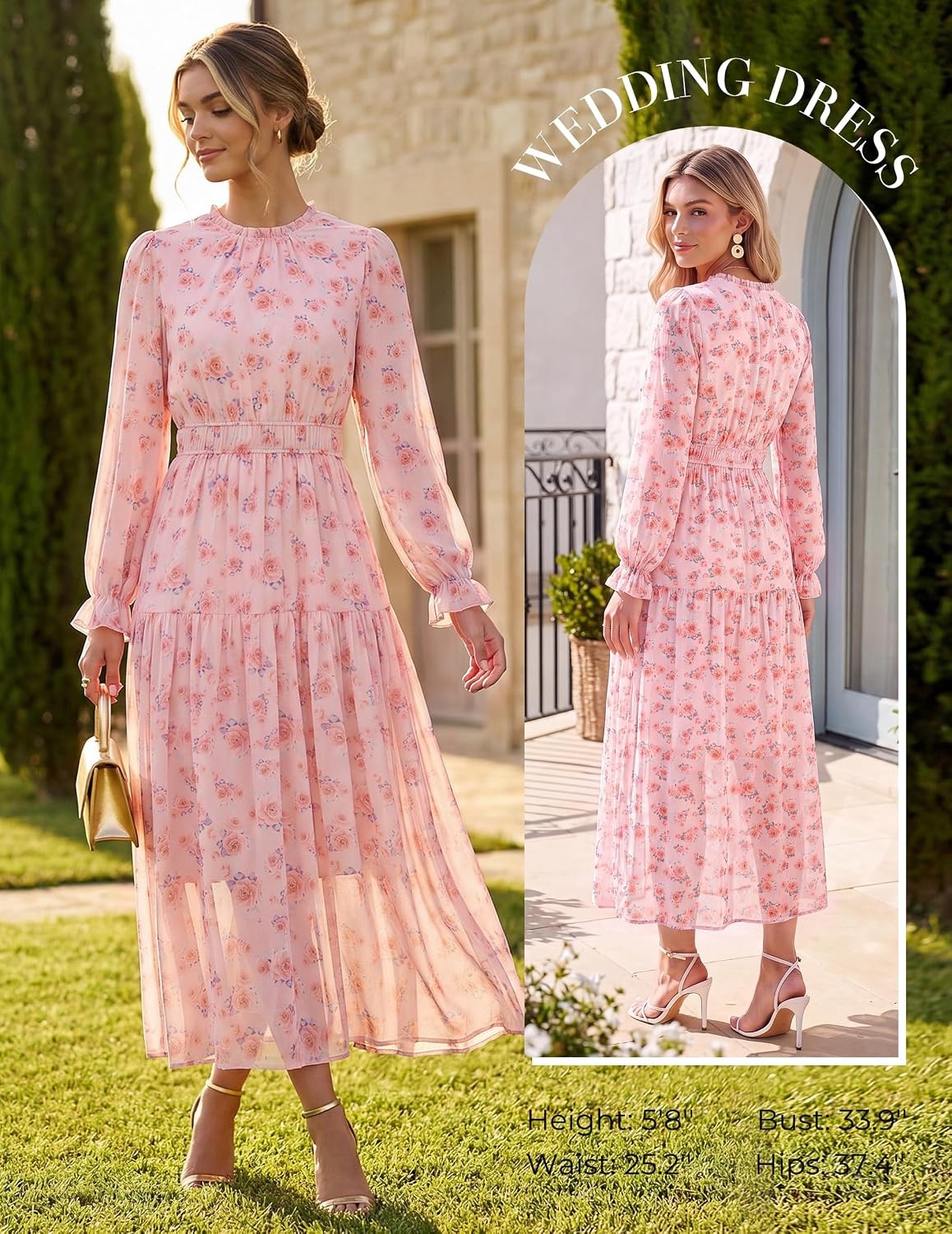 image:imageGRACE KARIN Womens Floral Long Sleeve Fall Wedding Guest Maxi Dress 2026 ChiffonSide PocketsMock NeckSmocked TiededA Line Flowy Outfits Outfits Suitable for Semi FormalPartyCocktailBohoPink Floral