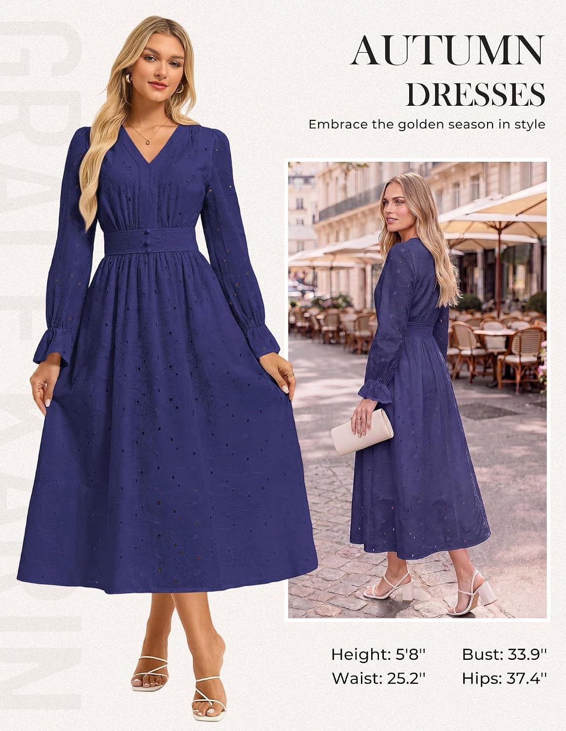 image:imageGRACE KARIN Womens Long Sleeve Cotton Eyelet Fall Maxi Dress 2026 Pockets V Neck A Line Embroidered Flowy Winter Fashion Clothes Outfits Funeral Church Wedding Guest Cocktail DressesNavy