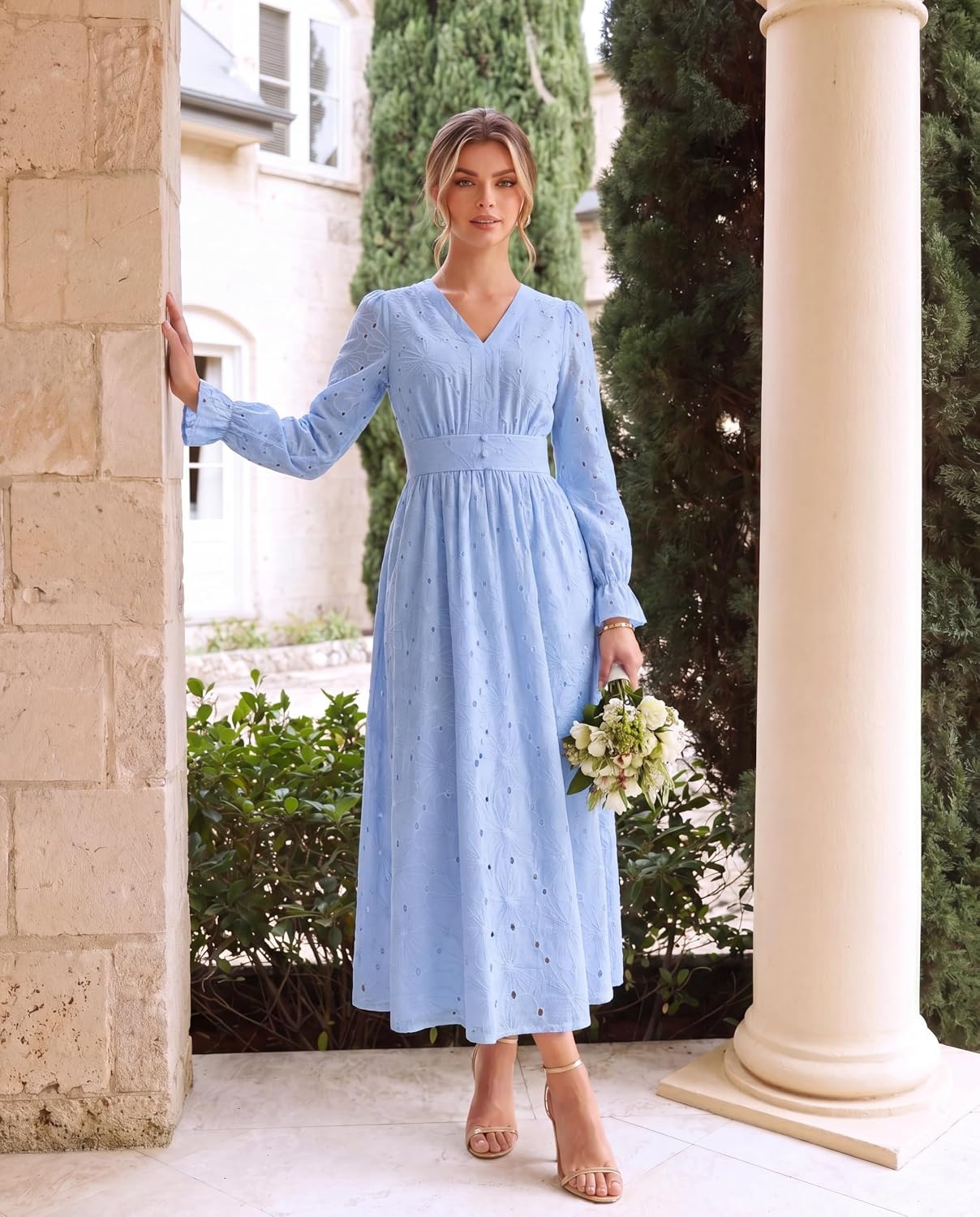 image:imageGRACE KARIN Womens Long Sleeve Cotton Eyelet Fall Maxi Dress 2026 Pockets V Neck A Line Embroidered Flowy Winter Fashion Clothes Outfits Funeral Church Wedding Guest Cocktail DressesLight Blue
