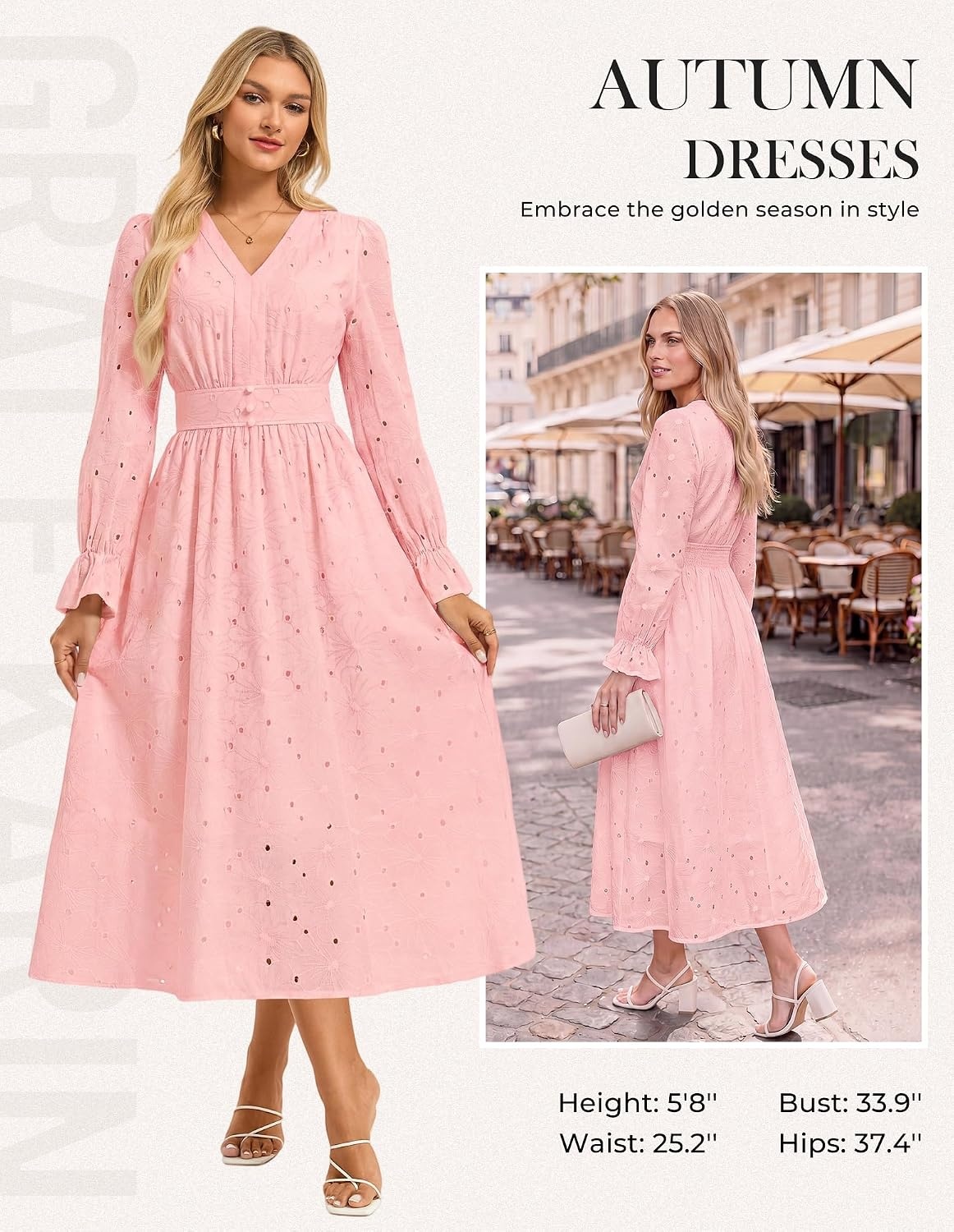 image:imageGRACE KARIN Womens Long Sleeve Cotton Eyelet Fall Maxi Dress 2026 Pockets V Neck A Line Embroidered Flowy Winter Fashion Clothes Outfits Funeral Church Wedding Guest Cocktail DressesPink