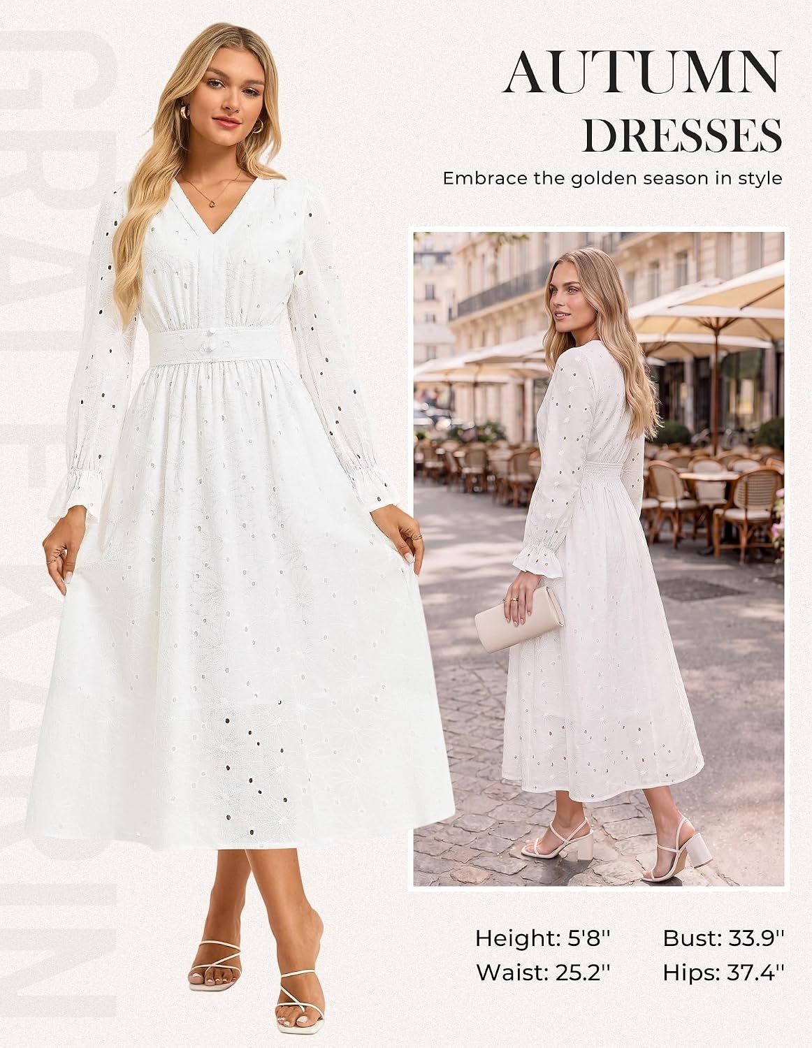 image:imageGRACE KARIN Womens Long Sleeve Cotton Eyelet Fall Maxi Dress 2026 Pockets V Neck A Line Embroidered Flowy Winter Fashion Clothes Outfits Funeral Church Wedding Guest Cocktail DressesWhite