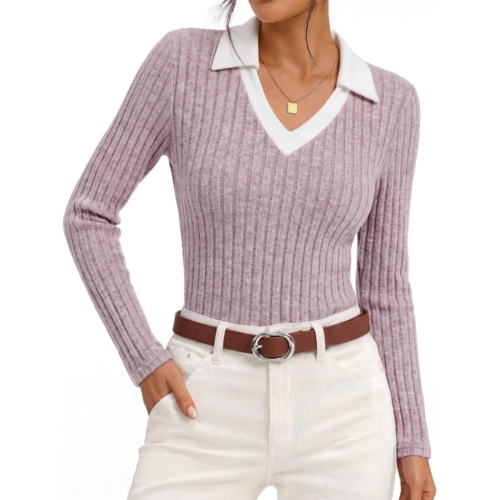 image:imageGRACE KARIN 2026 Womens Long Sleeve Polo Shirts V Neck Collared Ribbed Knit Slim Fit Business Casual Work Office TopsGray Pink