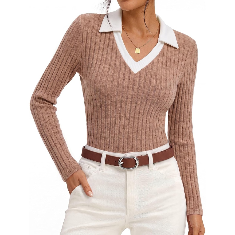 image:imageGRACE KARIN 2026 Womens Long Sleeve Polo Shirts V Neck Collared Ribbed Knit Slim Fit Business Casual Work Office TopsLight Coffee