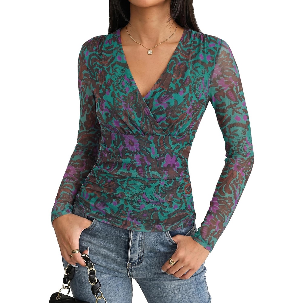 image:imageGRACE KARIN Mesh Long Sleeve Tops for WomenWrap V Neck Boho Top Dressy CasualRuched Floral Blouses Fall Fashion ClothesDark Green