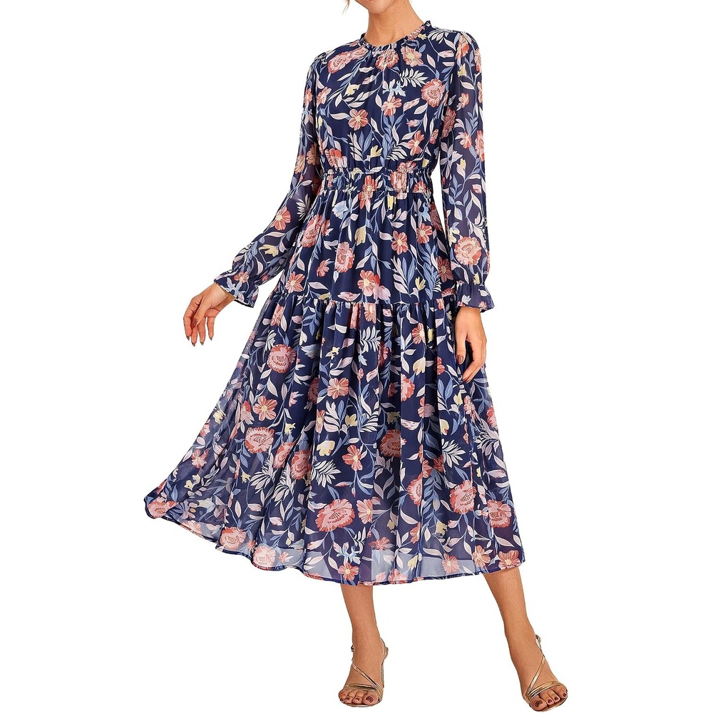 image:imageGRACE KARIN Womens Floral Long Sleeve Fall Wedding Guest Maxi Dress 2026 ChiffonSide PocketsMock NeckSmocked TiededA Line Flowy Outfits Outfits Suitable for Semi FormalPartyCocktailBohoBlue Floral