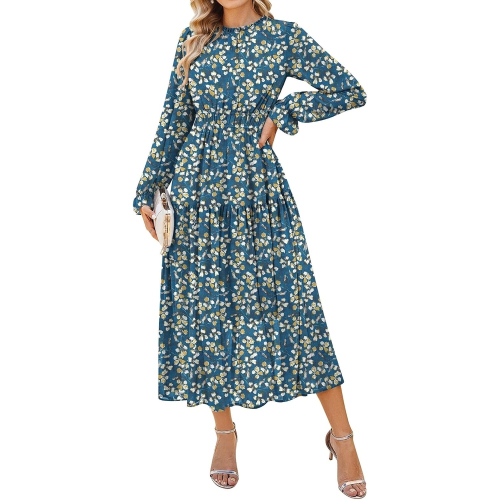 image:imageGRACE KARIN Womens Floral Long Sleeve Fall Wedding Guest Maxi Dress 2026 ChiffonSide PocketsMock NeckSmocked TiededA Line Flowy Outfits Outfits Suitable for Semi FormalPartyCocktailBohoBlue Green and Yellow Floral