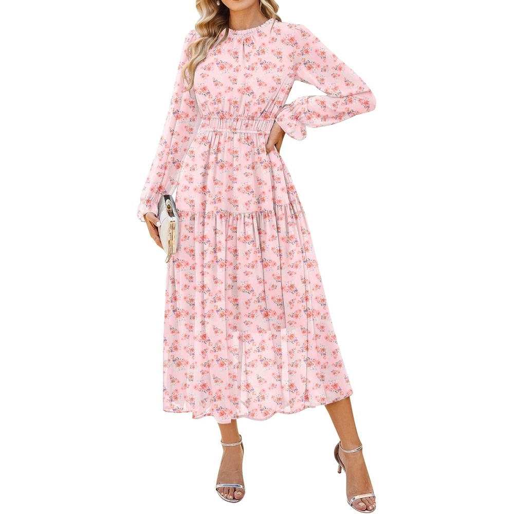 image:imageGRACE KARIN Womens Floral Long Sleeve Fall Wedding Guest Maxi Dress 2026 ChiffonSide PocketsMock NeckSmocked TiededA Line Flowy Outfits Outfits Suitable for Semi FormalPartyCocktailBohoPink Floral