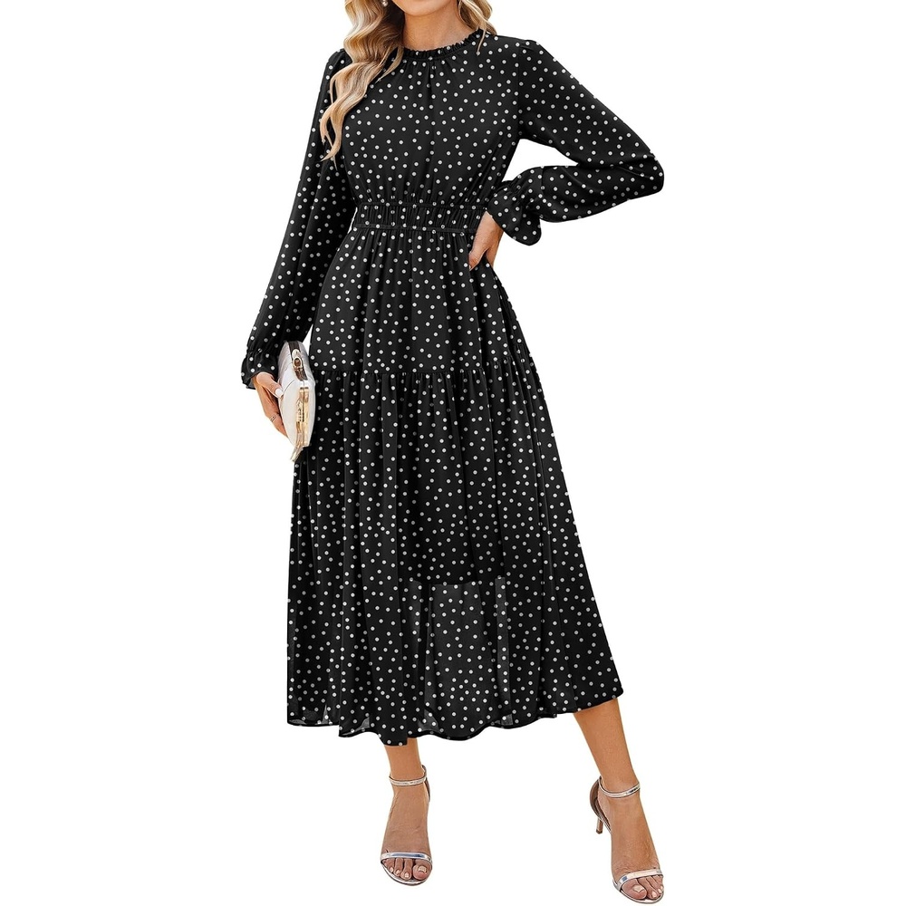 image:imageGRACE KARIN Womens Floral Long Sleeve Fall Wedding Guest Maxi Dress 2026 ChiffonSide PocketsMock NeckSmocked TiededA Line Flowy Outfits Outfits Suitable for Semi FormalPartyCocktailBohoBlack and White Polka Dots