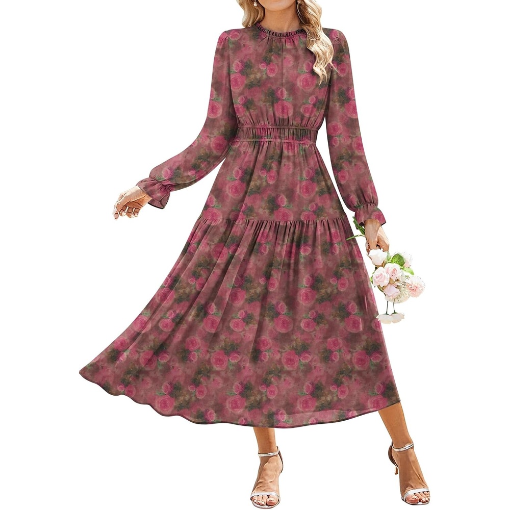 image:imageGRACE KARIN Womens Floral Long Sleeve Fall Wedding Guest Maxi Dress 2026 ChiffonSide PocketsMock NeckSmocked TiededA Line Flowy Outfits Outfits Suitable for Semi FormalPartyCocktailBohoVintage Rose Pink Floral