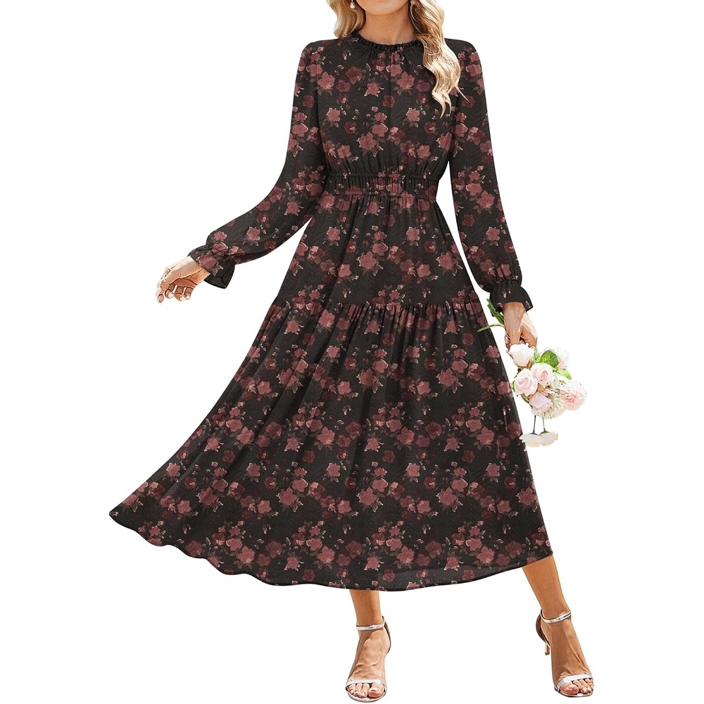 image:imageGRACE KARIN Womens Floral Long Sleeve Fall Wedding Guest Maxi Dress 2026 ChiffonSide PocketsMock NeckSmocked TiededA Line Flowy Outfits Outfits Suitable for Semi FormalPartyCocktailBohoBlack and Pink Floral