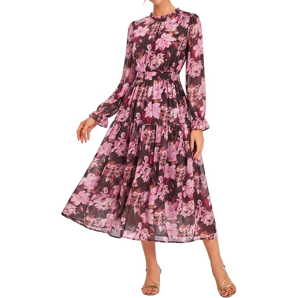 image:imageGRACE KARIN Womens Floral Long Sleeve Fall Wedding Guest Maxi Dress 2026 ChiffonSide PocketsMock NeckSmocked TiededA Line Flowy Outfits Outfits Suitable for Semi FormalPartyCocktailBohoBrown Pink Floral