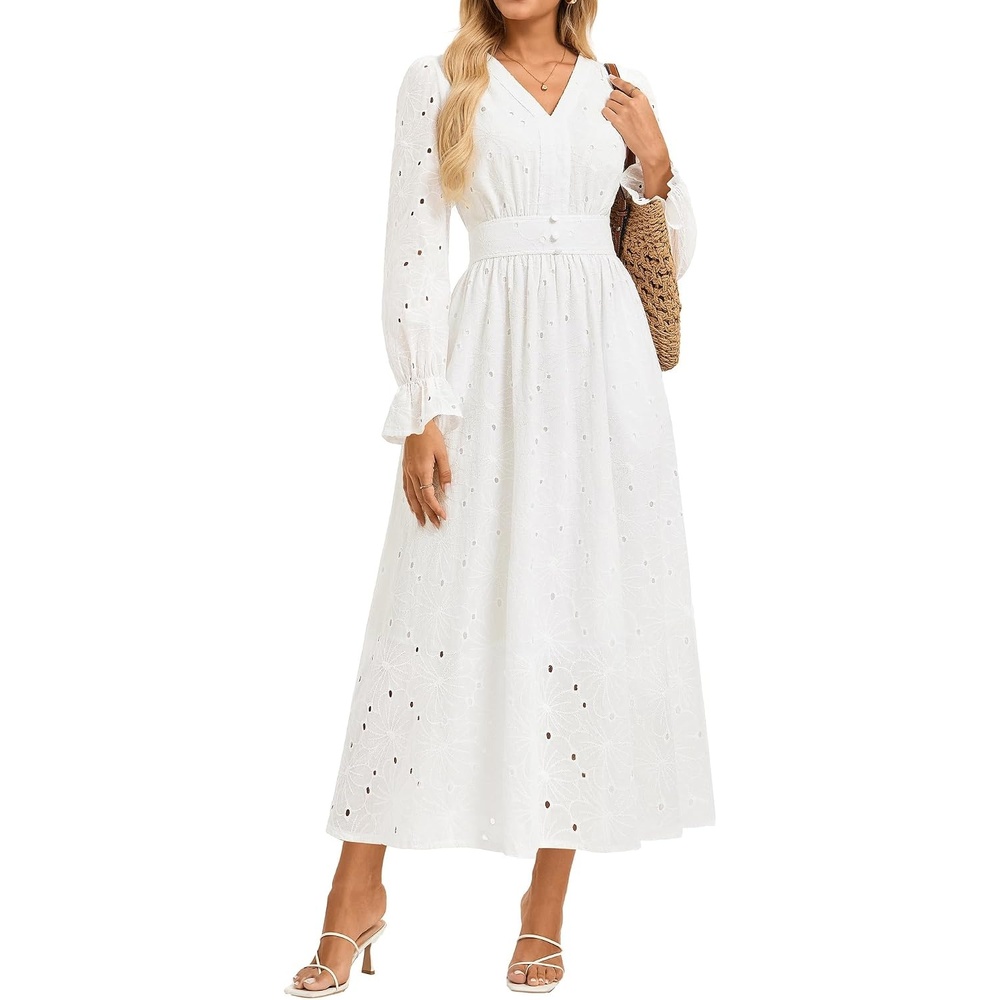 image:imageGRACE KARIN Womens Long Sleeve Cotton Eyelet Fall Maxi Dress 2026 Pockets V Neck A Line Embroidered Flowy Winter Fashion Clothes Outfits Funeral Church Wedding Guest Cocktail DressesWhite