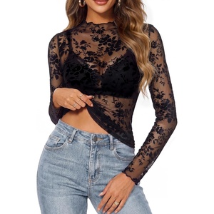 GRACE KARIN 2026 Mock Neck Sheer Lace Long Sleeve Tops for Women, Slim Fit See Through Floral Mesh Sexy Blouses(Black and White Branches and Leaves)