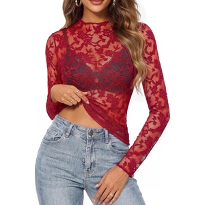 GRACE KARIN 2026 Mock Neck Sheer Lace Long Sleeve Tops for Women, Slim Fit See Through Floral Mesh Sexy Blouses(Red Branches and Leaves)