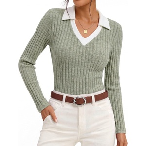 GRACE KARIN 2026 Women’s Long Sleeve Polo Shirts V Neck Collared Ribbed Knit Slim Fit Business Casual Work Office Tops(Gray Green)