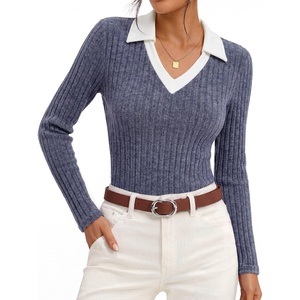 GRACE KARIN 2026 Women’s Long Sleeve Polo Shirts V Neck Collared Ribbed Knit Slim Fit Business Casual Work Office Tops(Navy)