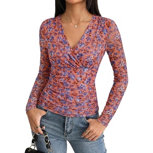 GRACE KARIN Mesh Long Sleeve Tops for Women,Wrap V Neck Boho Top Dressy Casual,Ruched Floral Blouses Fall Fashion Clothes(Coral Orange)
