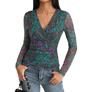 GRACE KARIN Mesh Long Sleeve Tops for Women,Wrap V Neck Boho Top Dressy Casual,Ruched Floral Blouses Fall Fashion Clothes(Dark Green)