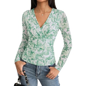 GRACE KARIN Mesh Long Sleeve Tops for Women,Wrap V Neck Boho Top Dressy Casual,Ruched Floral Blouses Fall Fashion Clothes(Green)