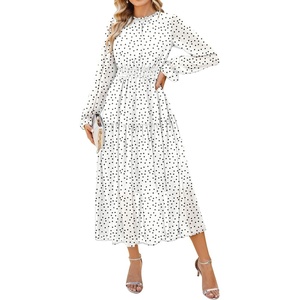 GRACE KARIN Women’s Floral Long Sleeve Fall Wedding Guest Maxi Dress | 2026 Chiffon,Side Pockets,Mock Neck,Smocked Tieded,A Line Flowy Outfits Outfits Suitable for Semi Formal/Party/Cocktail/Boho(White and Black Polka Dots)
