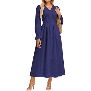 GRACE KARIN Womens Long Sleeve Cotton Eyelet Fall Maxi Dress 2026 | Pockets V Neck A Line Embroidered Flowy Winter Fashion Clothes Outfits Funeral Church Wedding Guest Cocktail Dresses(Navy)