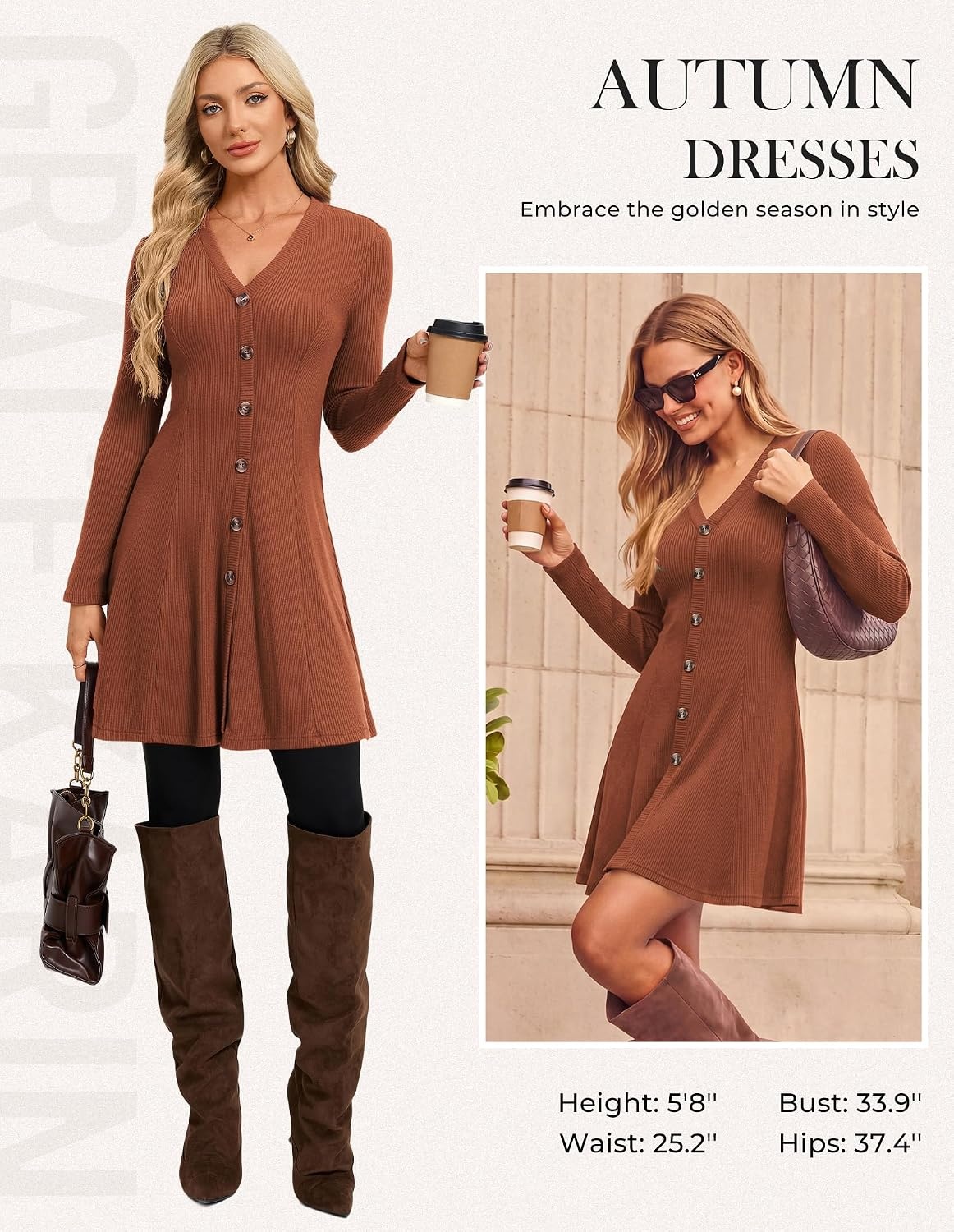 image:imageGRACE KARIN 2026 Womens VNeck Ribbed Knit ALine Mini Fall Sweater Dress Soft Warm Knit Nonseethrough Stretchy Fitted Aline Decorative Buttons Western Style Daily Casual Pair with BootsBrick Red