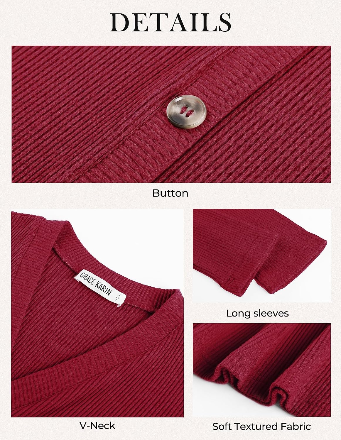 image:imageGRACE KARIN 2026 Womens VNeck Ribbed Knit ALine Mini Fall Sweater Dress Soft Warm Knit Nonseethrough Stretchy Fitted Aline Decorative Buttons Western Style Daily Casual Pair with BootsWine Red