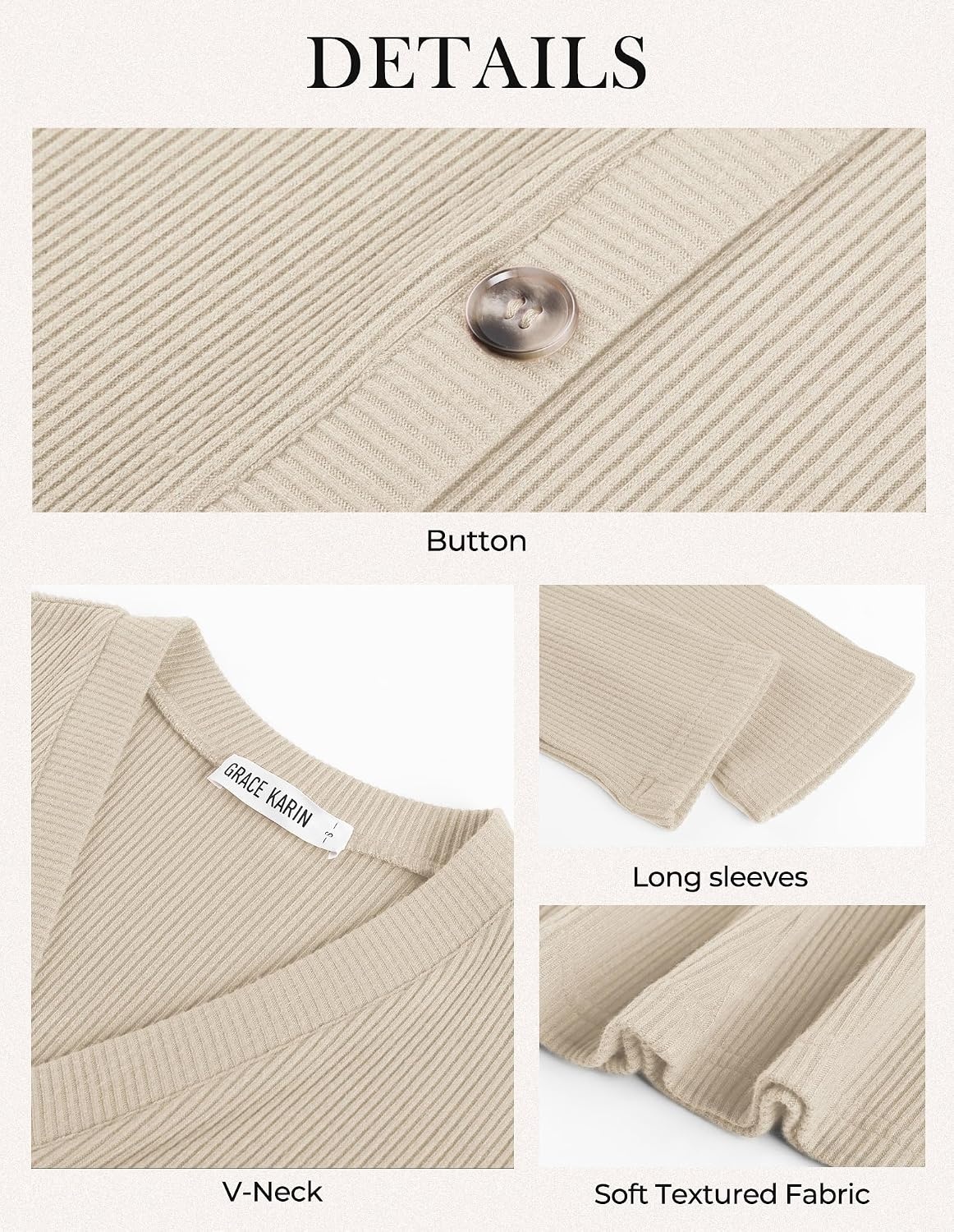 image:imageGRACE KARIN 2026 Womens VNeck Ribbed Knit ALine Mini Fall Sweater Dress Soft Warm Knit Nonseethrough Stretchy Fitted Aline Decorative Buttons Western Style Daily Casual Pair with BootsCream