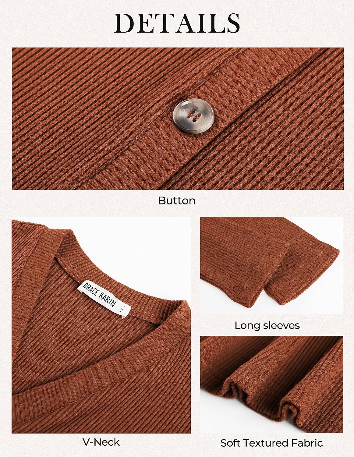 image:imageGRACE KARIN 2026 Womens VNeck Ribbed Knit ALine Mini Fall Sweater Dress Soft Warm Knit Nonseethrough Stretchy Fitted Aline Decorative Buttons Western Style Daily Casual Pair with BootsBrick Red