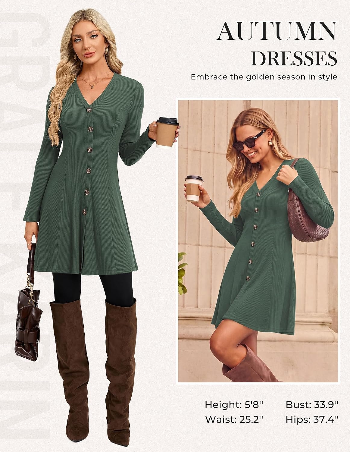 image:imageGRACE KARIN 2026 Womens VNeck Ribbed Knit ALine Mini Fall Sweater Dress Soft Warm Knit Nonseethrough Stretchy Fitted Aline Decorative Buttons Western Style Daily Casual Pair with BootsArmy Green