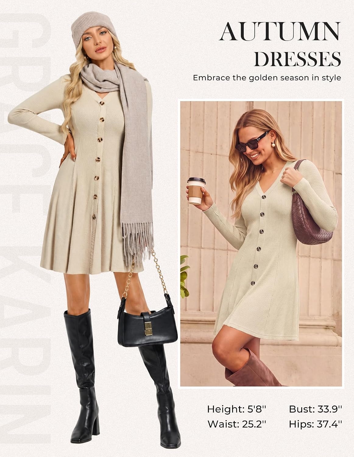 image:imageGRACE KARIN 2026 Womens VNeck Ribbed Knit ALine Mini Fall Sweater Dress Soft Warm Knit Nonseethrough Stretchy Fitted Aline Decorative Buttons Western Style Daily Casual Pair with BootsCream